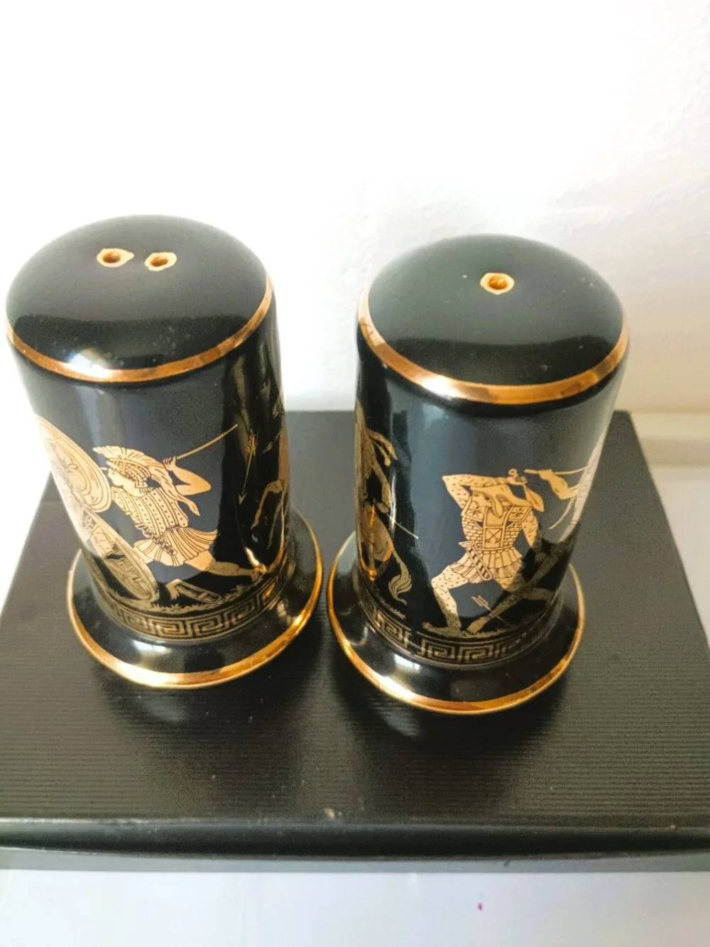 Greek Key Salt & Pepper Shakers Vintage Black with 24K Gold Trim